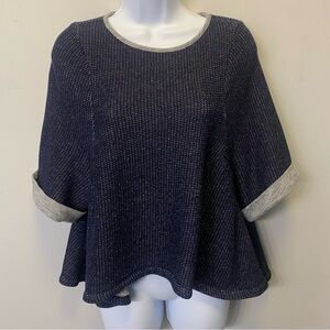 THML Anthropologie 3/4 Length Sleeve Babydoll Crop Knit Top Blue Grey Sz Medium